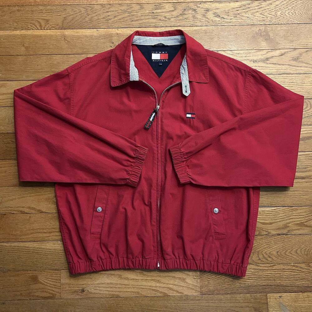 Vintage 90s Tommy Hilfiger Logo Harrington Red Full Zip Jacket Large
